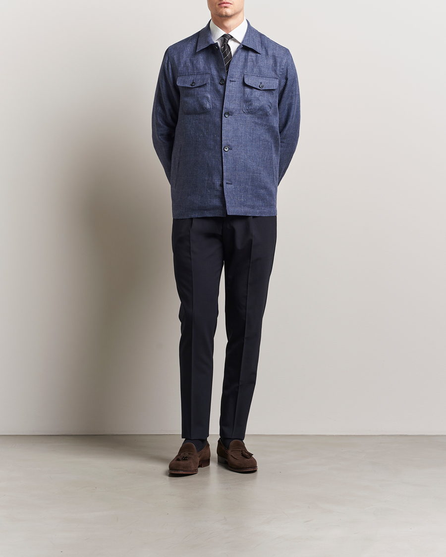 Herren | Hemden | Eton | Linen Four Pocket Overshirt Navy Blue