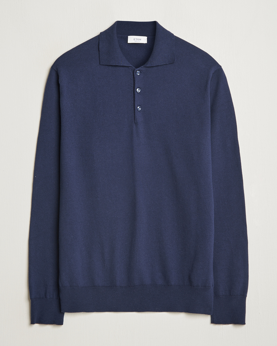 Herren | Pullover | Eton | Cotton/Cashmere Fine Knitted Polo Navy Blue