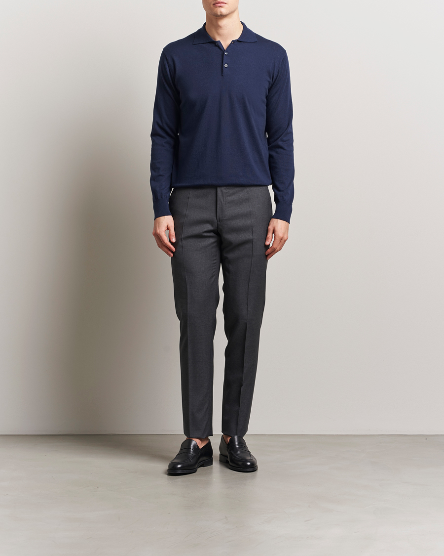 Herren | Pullover | Eton | Cotton/Cashmere Fine Knitted Polo Navy Blue
