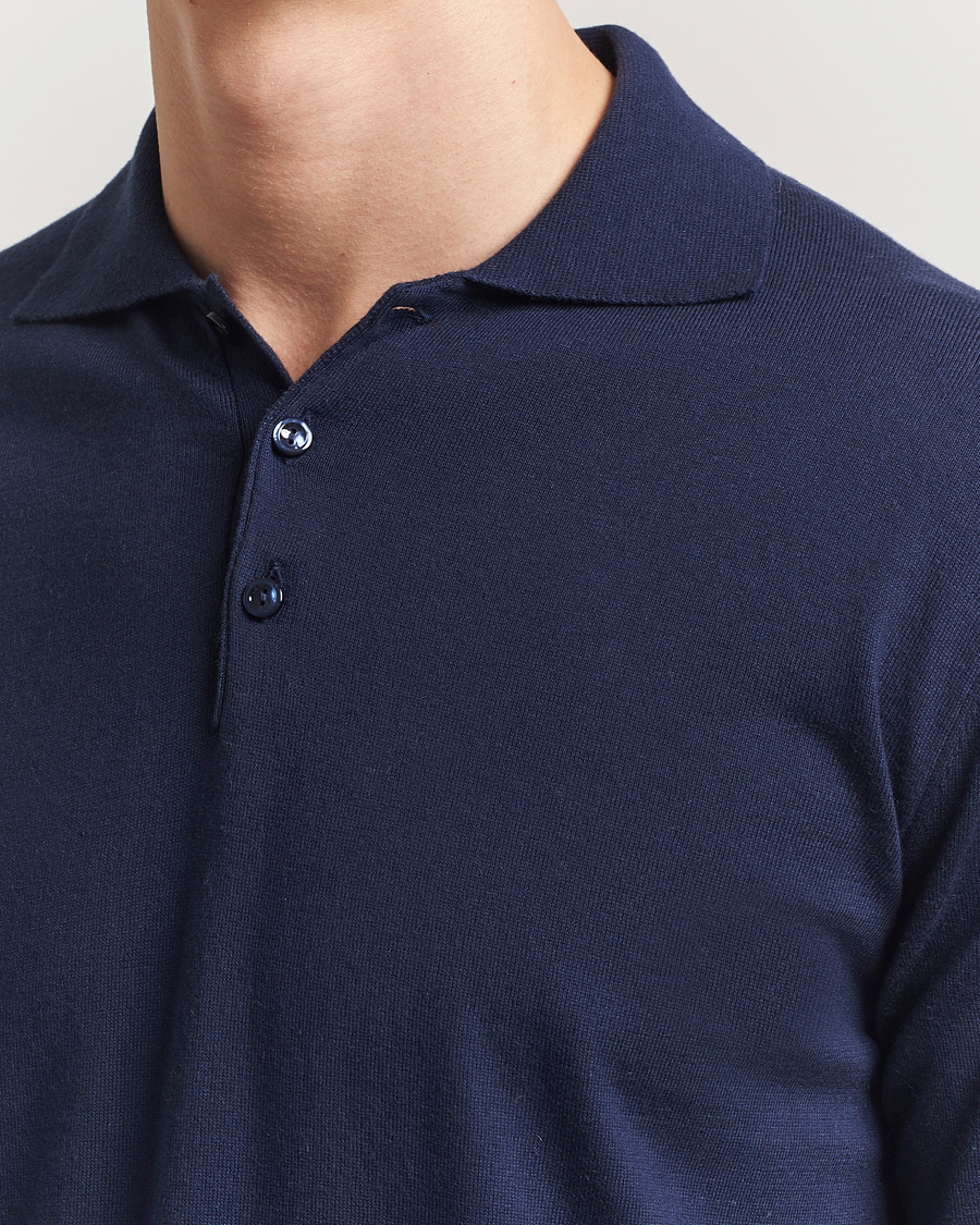 Herren | Pullover | Eton | Cotton/Cashmere Fine Knitted Polo Navy Blue