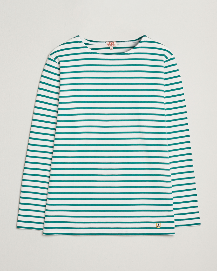 Herren | T-Shirts | Armor-lux | Houat Héritage Stripe Long Sleeve T-Shirt Milk/Deep Jungle