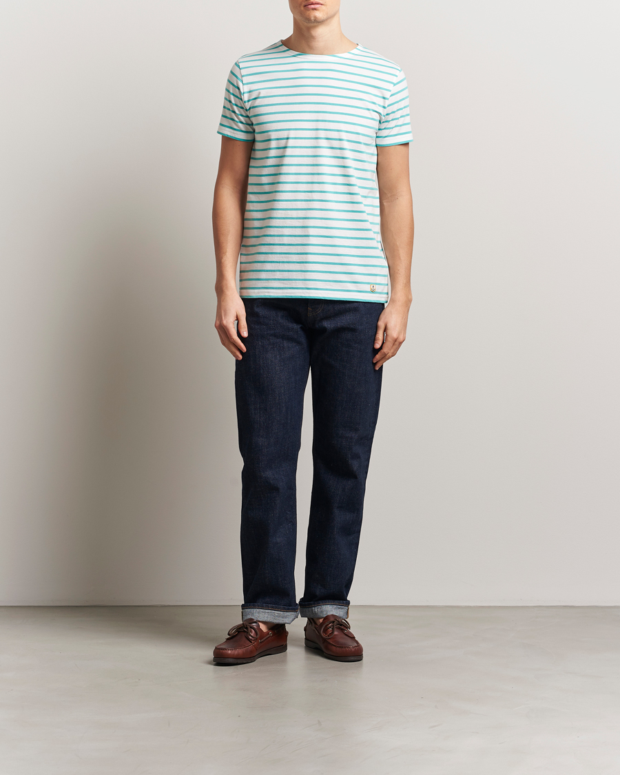 Herren | T-Shirts | Armor-lux | Hoëdic Boatneck Héritage Stripe T-shirt Milk/Laguna