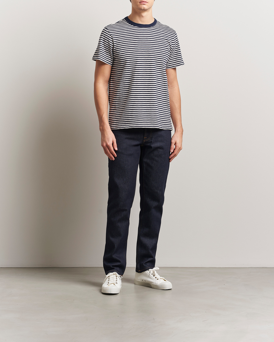 Herren | T-Shirts | Nudie Jeans | Roy Striped Slub T-Shirt Blue/Off White