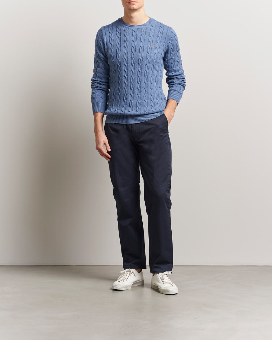Herren | Pullover | GANT | Cotton Cable Crew Neck Pullover Denim Blue Melange