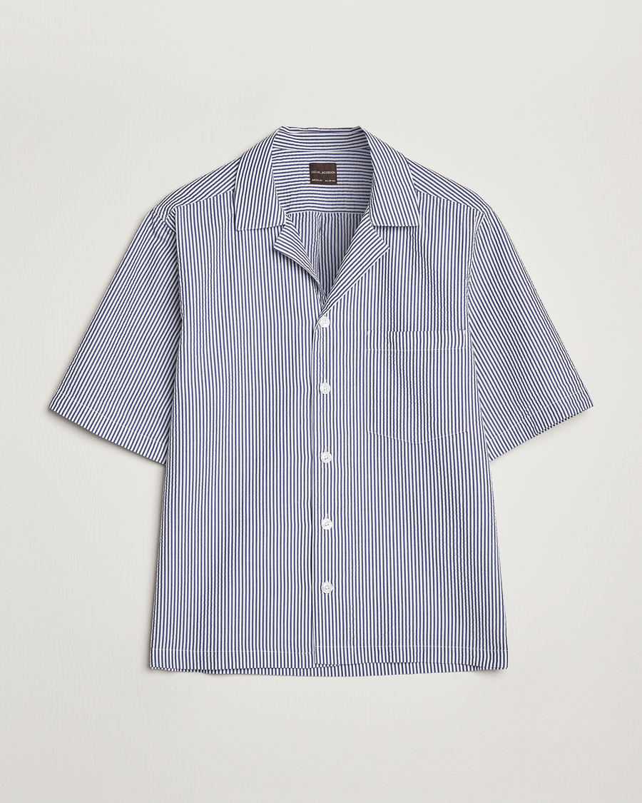 Herren | Hemden | Oscar Jacobson | Cuban Short Sleeve Seersucker Shirt Blue/White