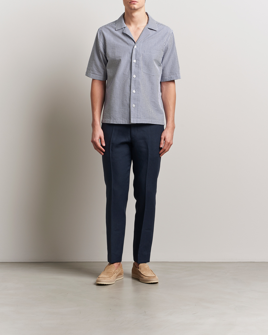 Herren | Hemden | Oscar Jacobson | Cuban Short Sleeve Seersucker Shirt Blue/White