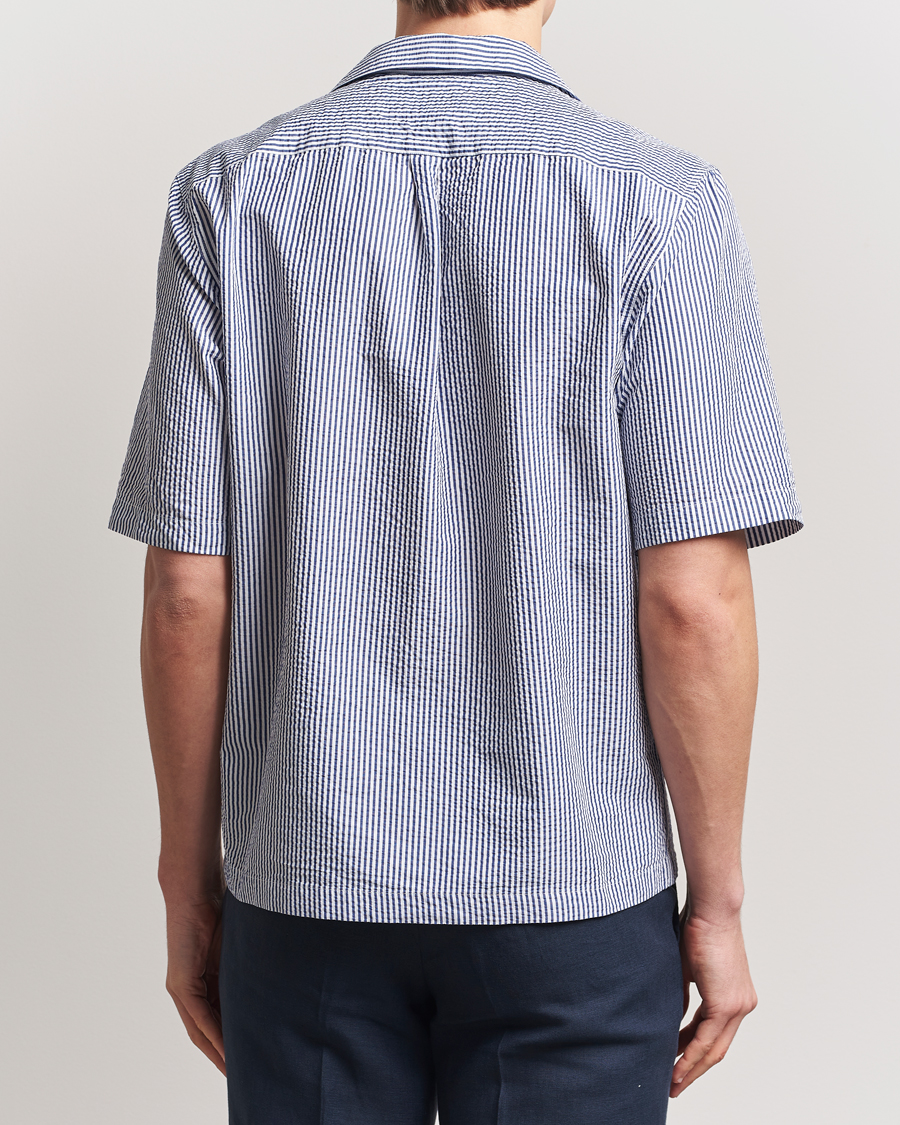 Herren | Hemden | Oscar Jacobson | Cuban Short Sleeve Seersucker Shirt Blue/White