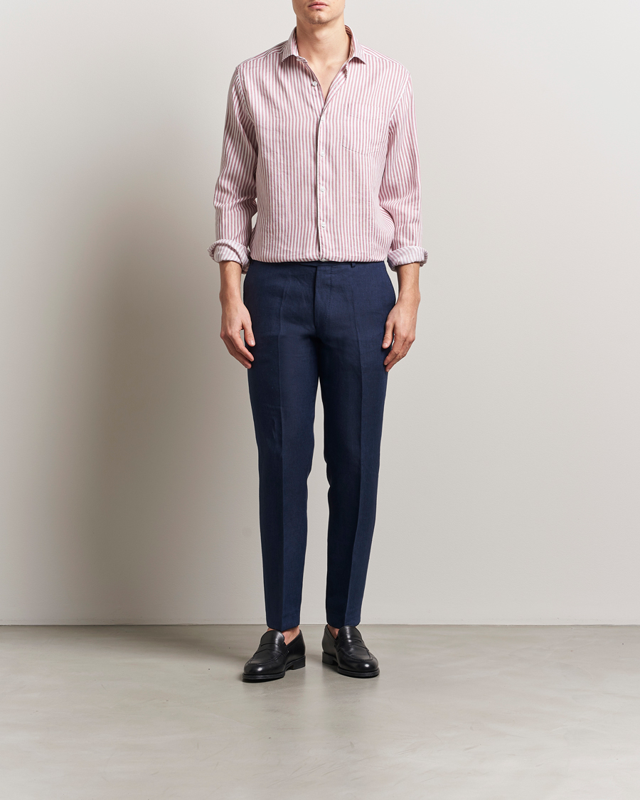 Herren | Hemden | Oscar Jacobson | Wide Spread Linen/Cotton Venetian Stripe Shirt Red