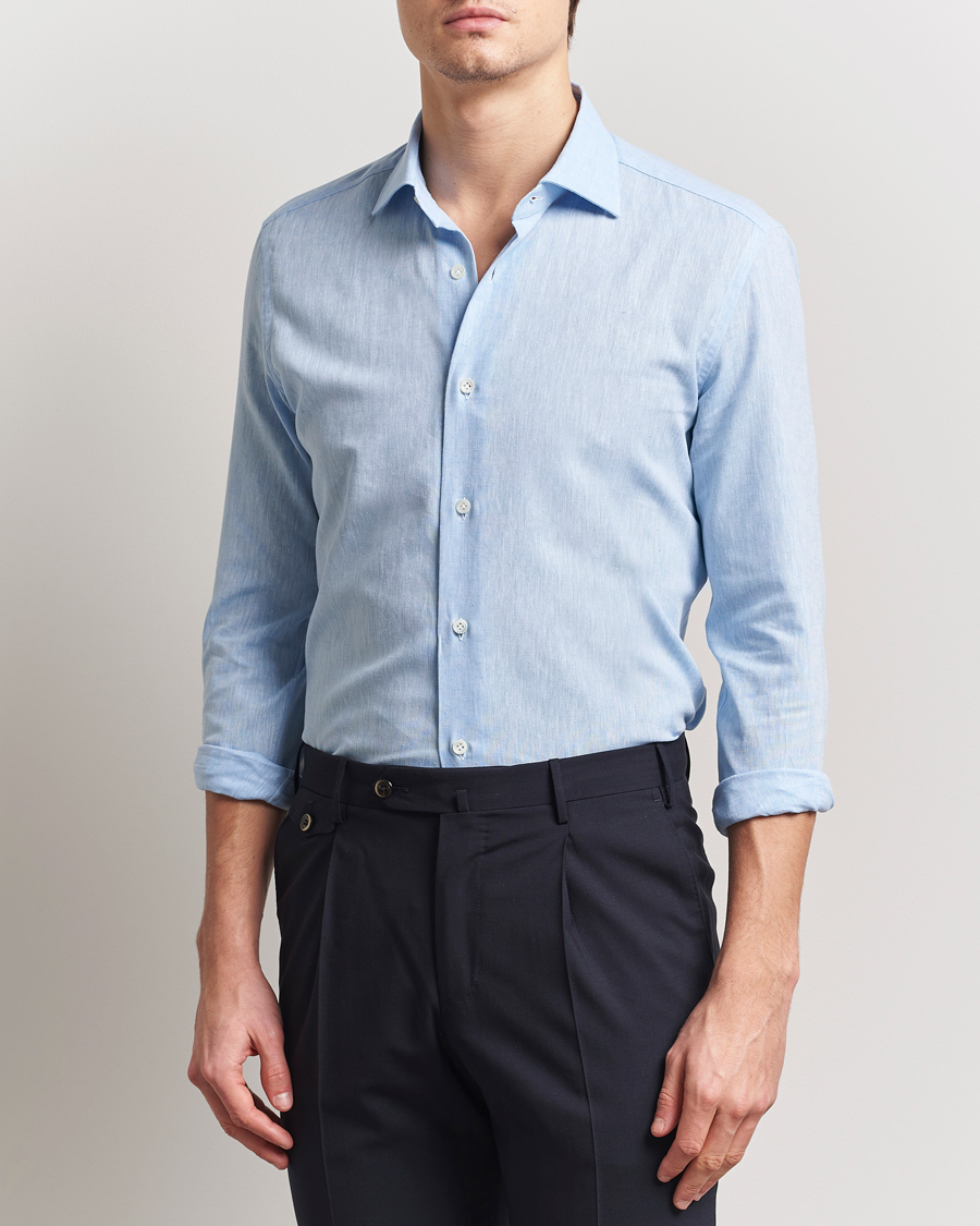Herren | Hemden | Mazzarelli | Soft Linen Cut Away Shirt Light Blue
