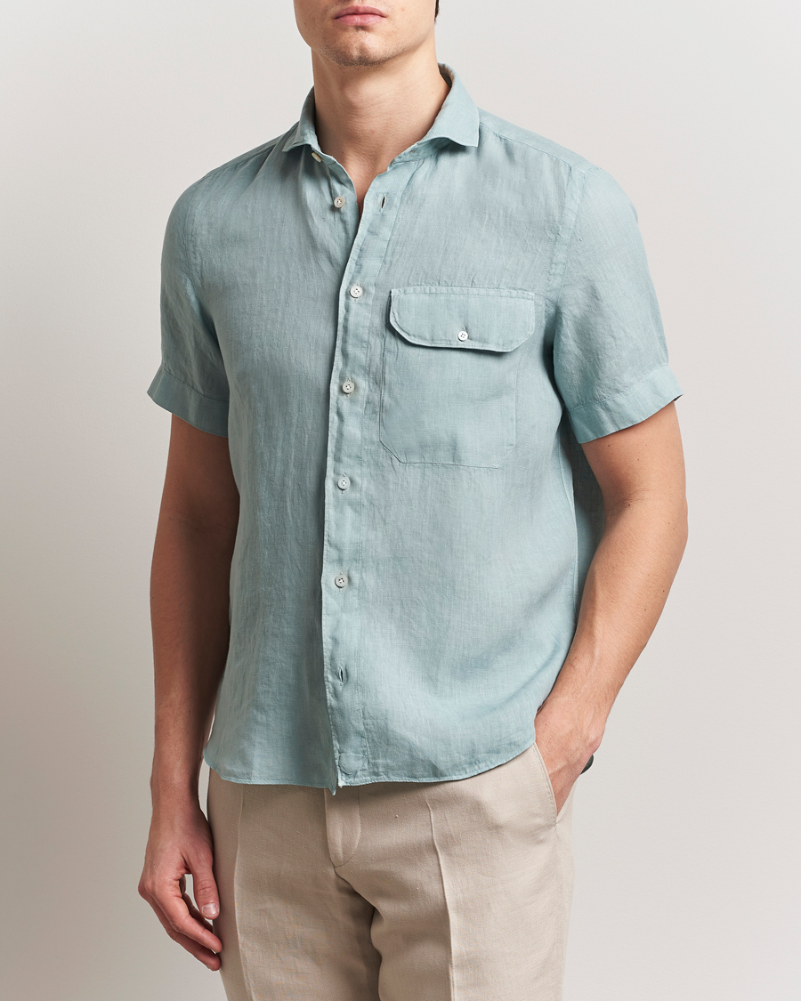 Herren | Hemden | Finamore Napoli | Linen Short Sleeve Sport Shirt Teal