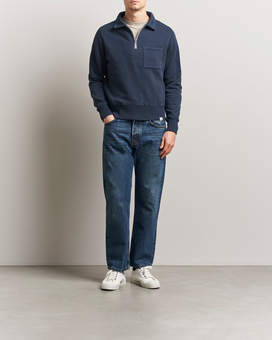 Herren | Pullover | Merz b. Schwanen | Relaxed Fit Vintage Fleece Half Zip Sweat Denim Blue