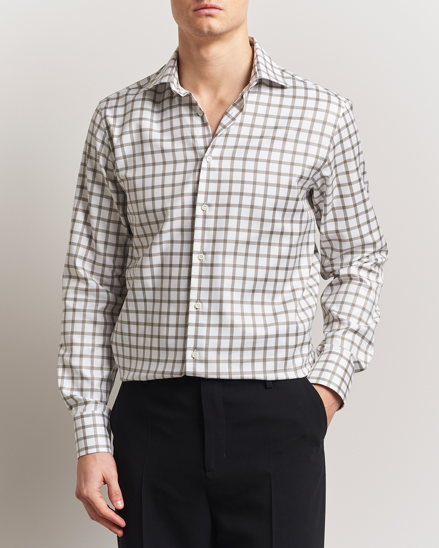Herren | Hemden | Stenströms | Fitted Body Checked Cut Away Shirt Taupe/White