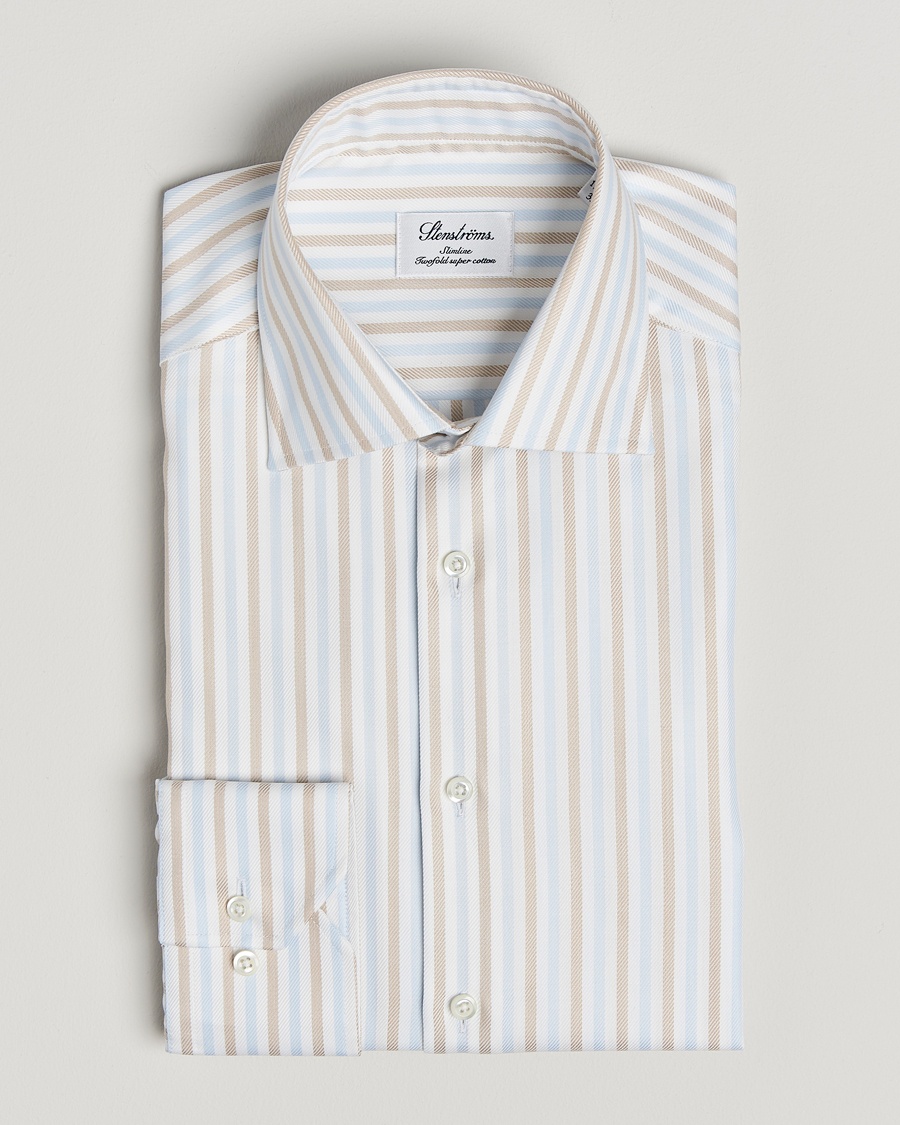 Herren | Hemden | Stenströms | Slimline Multi Striped Twill Shirt Blue/Beige