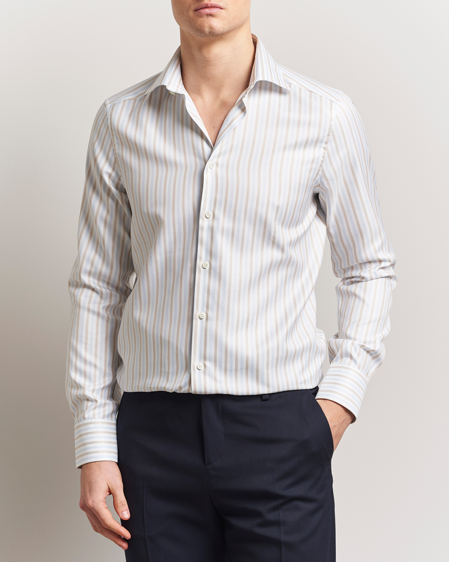 Herren | Hemden | Stenströms | Slimline Multi Striped Twill Shirt Blue/Beige