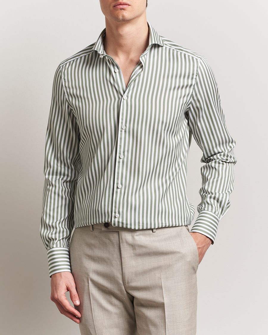 Herren | Hemden | Stenströms | 1899 Slimline Striped Cotton/Silk Shirt Green