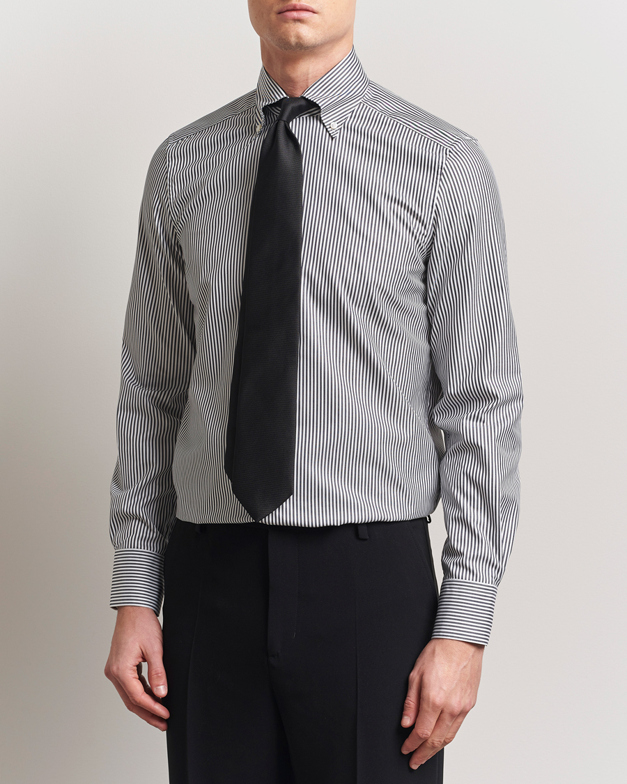 Herren | Hemden | Stenströms | 1899 Slimline Striped One Piece Button Down Collar Shirt Black