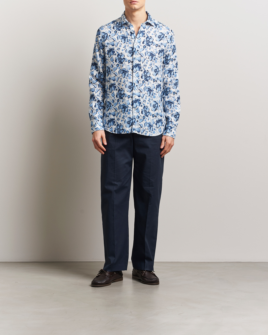 Herren | Hemden | Stenströms | Fitted Body Flower Printed Linen Shirt Blue
