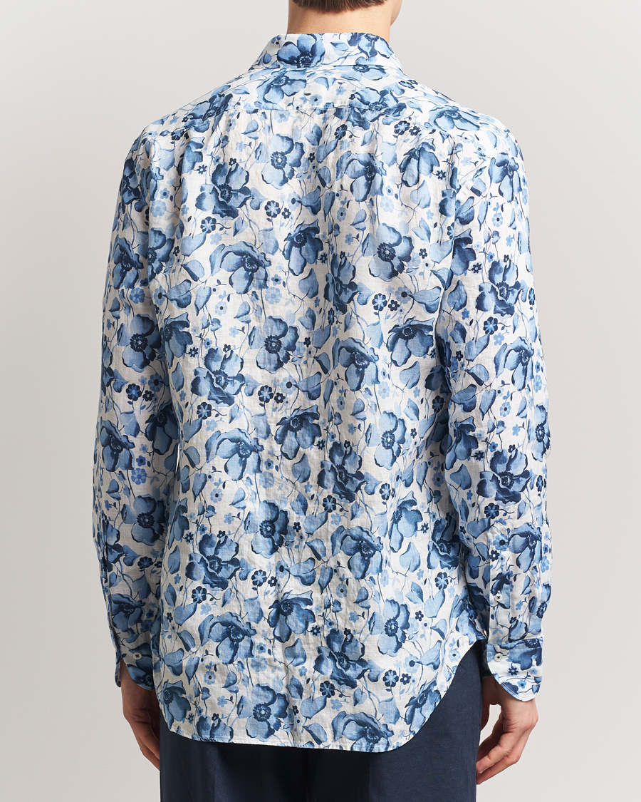 Herren | Hemden | Stenströms | Fitted Body Flower Printed Linen Shirt Blue