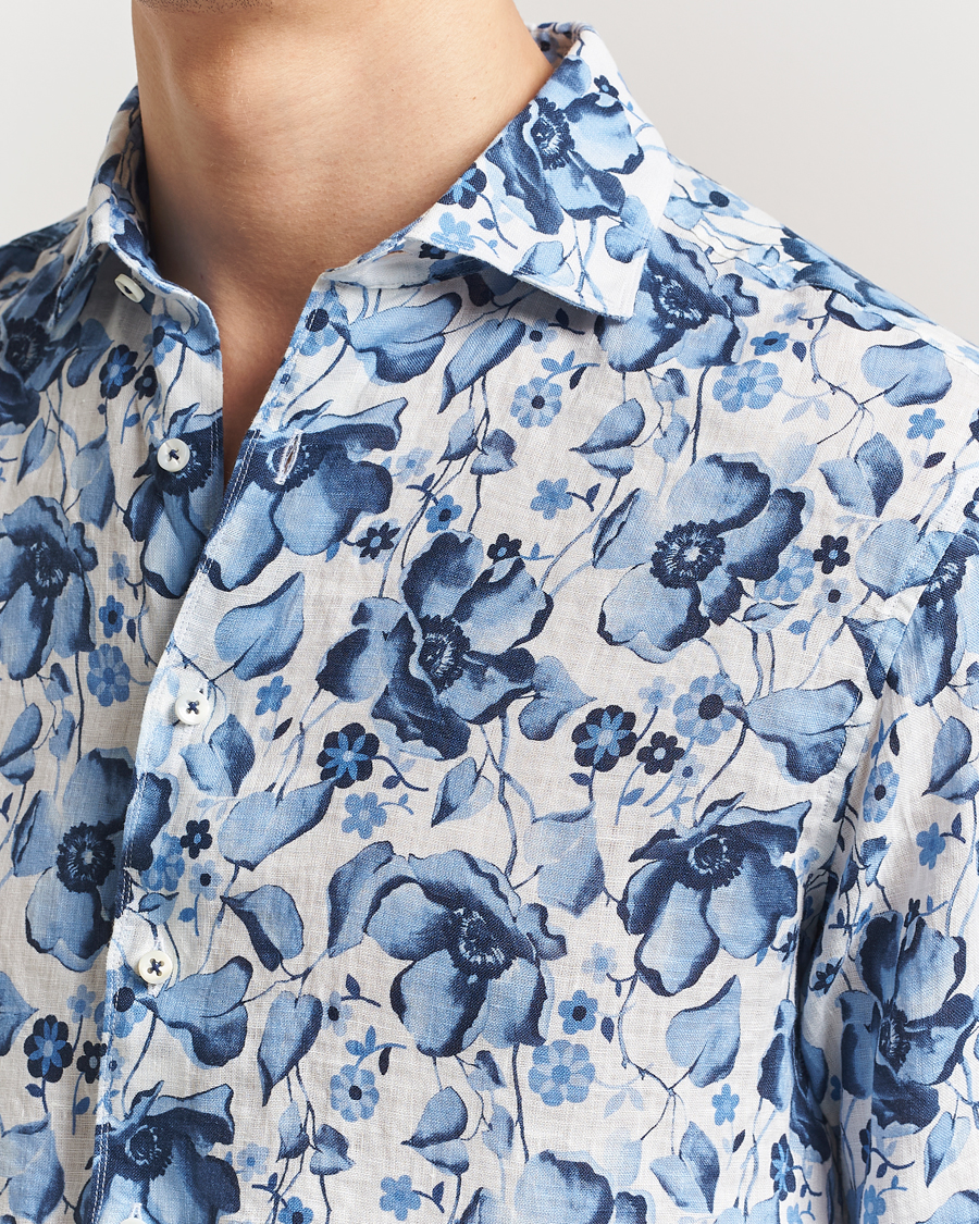 Herren | Hemden | Stenströms | Fitted Body Flower Printed Linen Shirt Blue