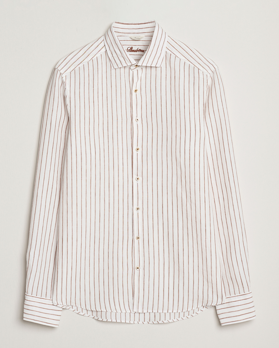 Herren | Hemden | Stenströms | Slimline Striped Linen Shirt White/Brown