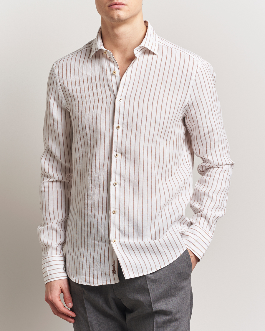 Herren | Hemden | Stenströms | Slimline Striped Linen Shirt White/Brown