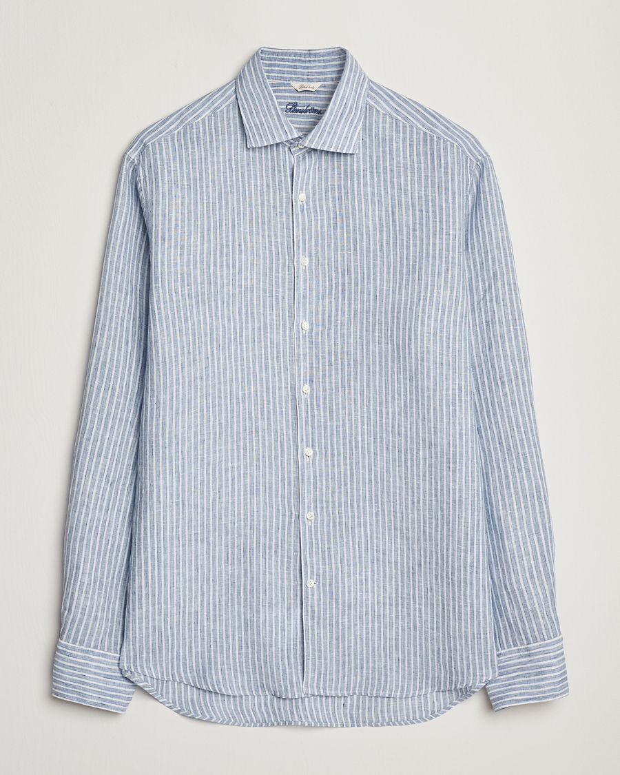Herren | Hemden | Stenströms | Fitted Body Striped Linen Shirt Blue