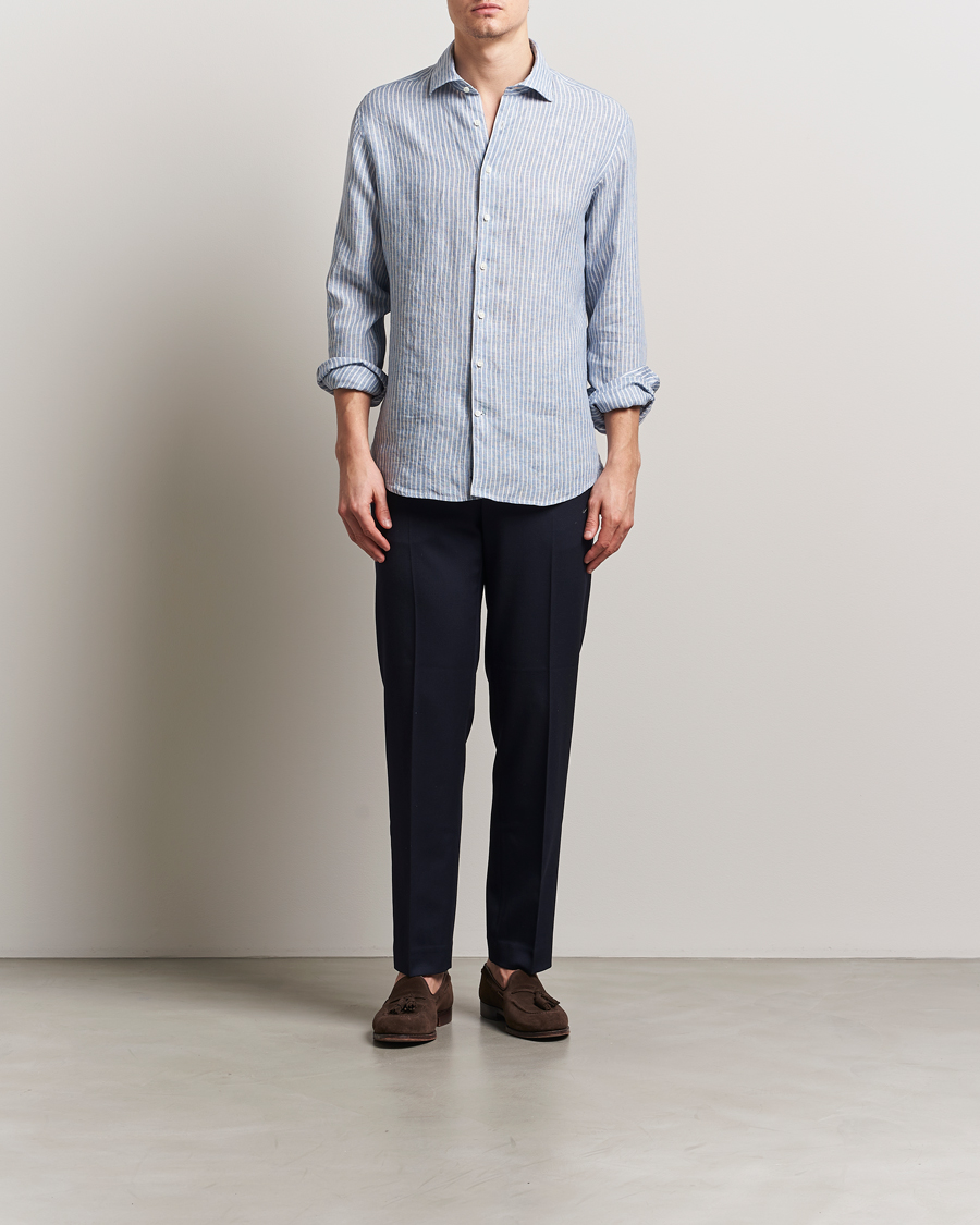 Herren | Hemden | Stenströms | Fitted Body Striped Linen Shirt Blue