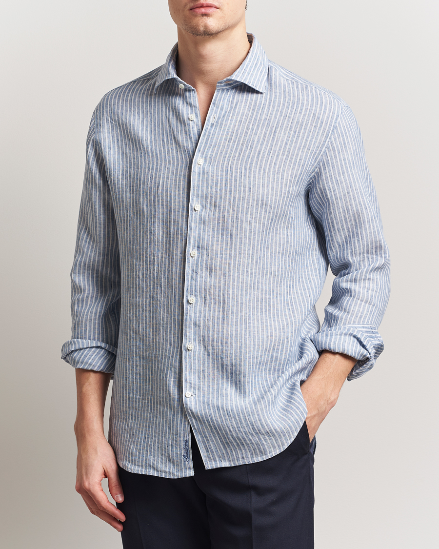 Herren | Hemden | Stenströms | Fitted Body Striped Linen Shirt Blue