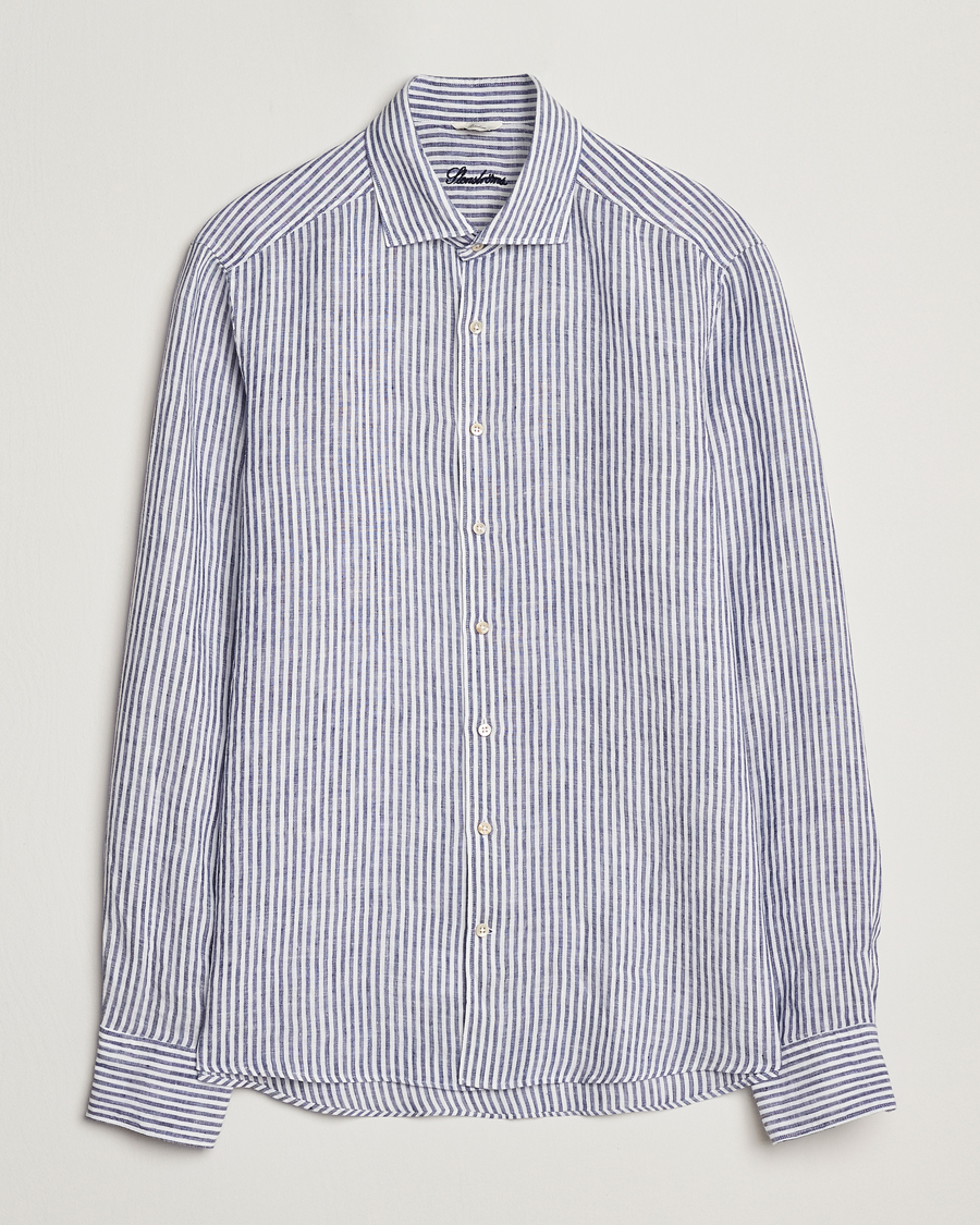Herren | Hemden | Stenströms | Slimline Cut Away Striped Linen Shirt Dark Blue