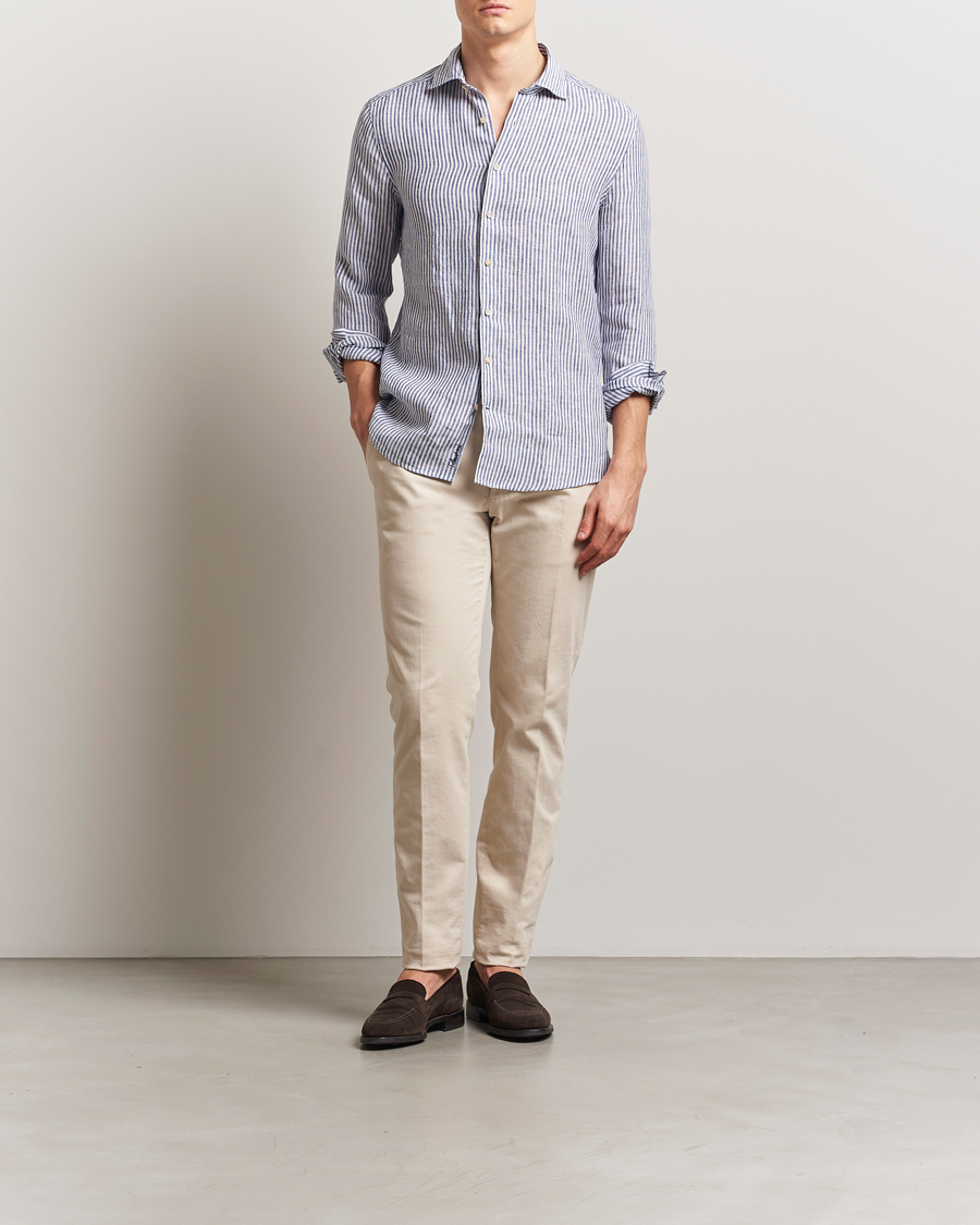 Herren | Hemden | Stenströms | Slimline Cut Away Striped Linen Shirt Dark Blue