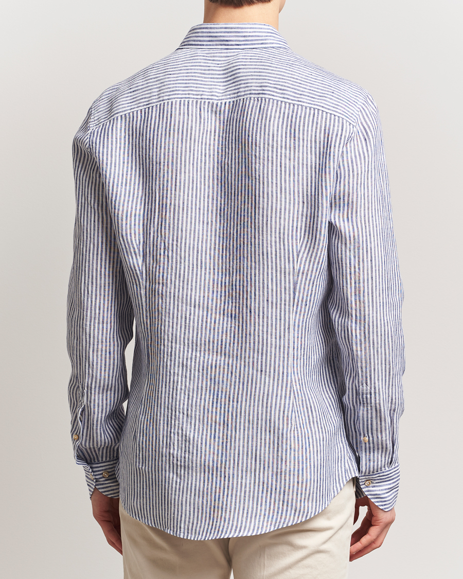 Herren | Hemden | Stenströms | Slimline Cut Away Striped Linen Shirt Dark Blue