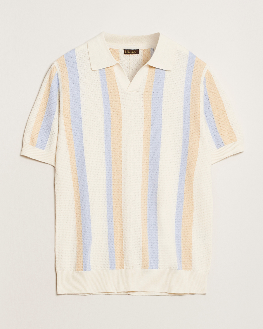 Herren | Poloshirts | Stenströms | Knitted Textured Striped Cotton/Hemp Polo Off White