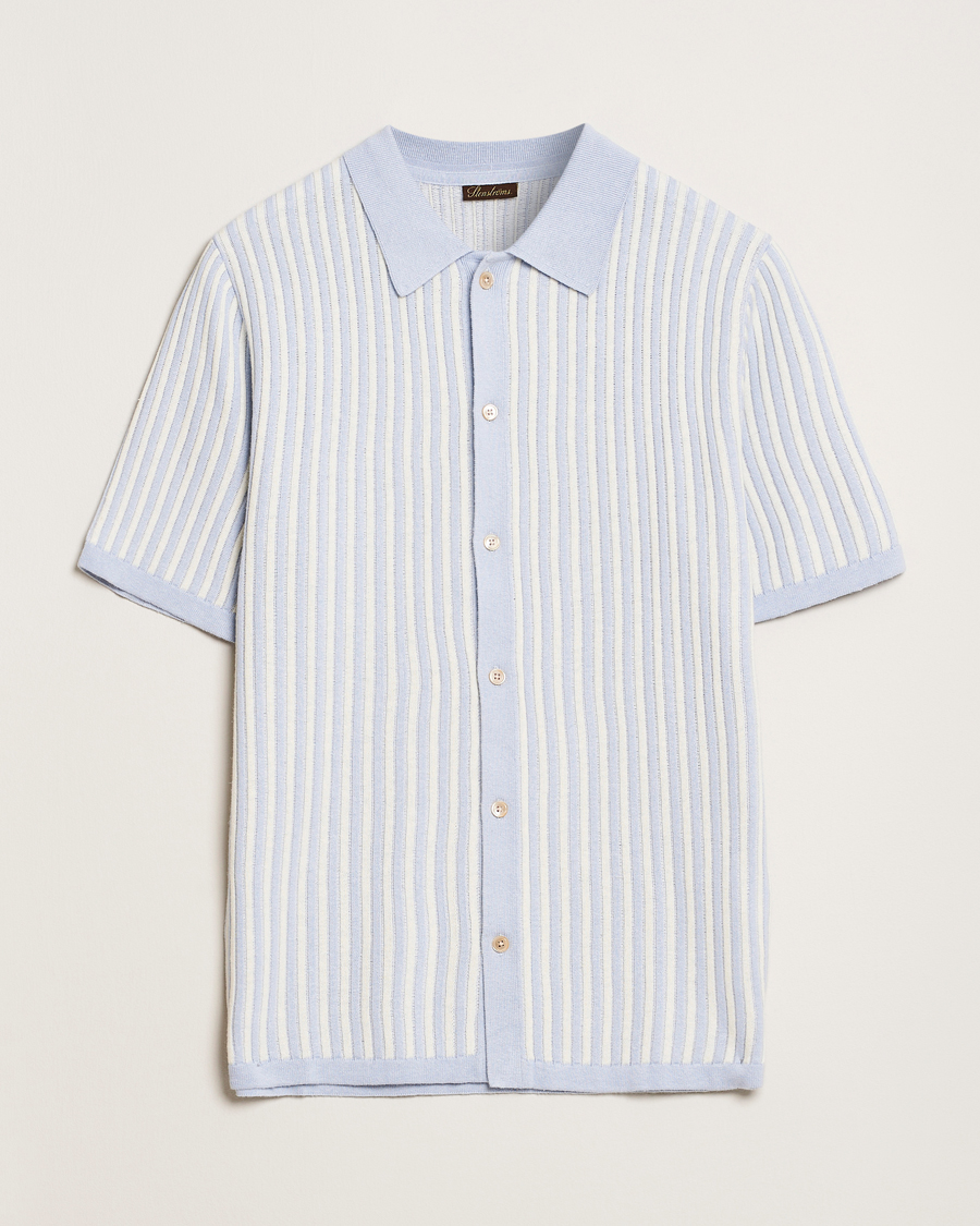Herren | Hemden | Stenströms | Knitted Buttonthru Polo Shirt White/Blue