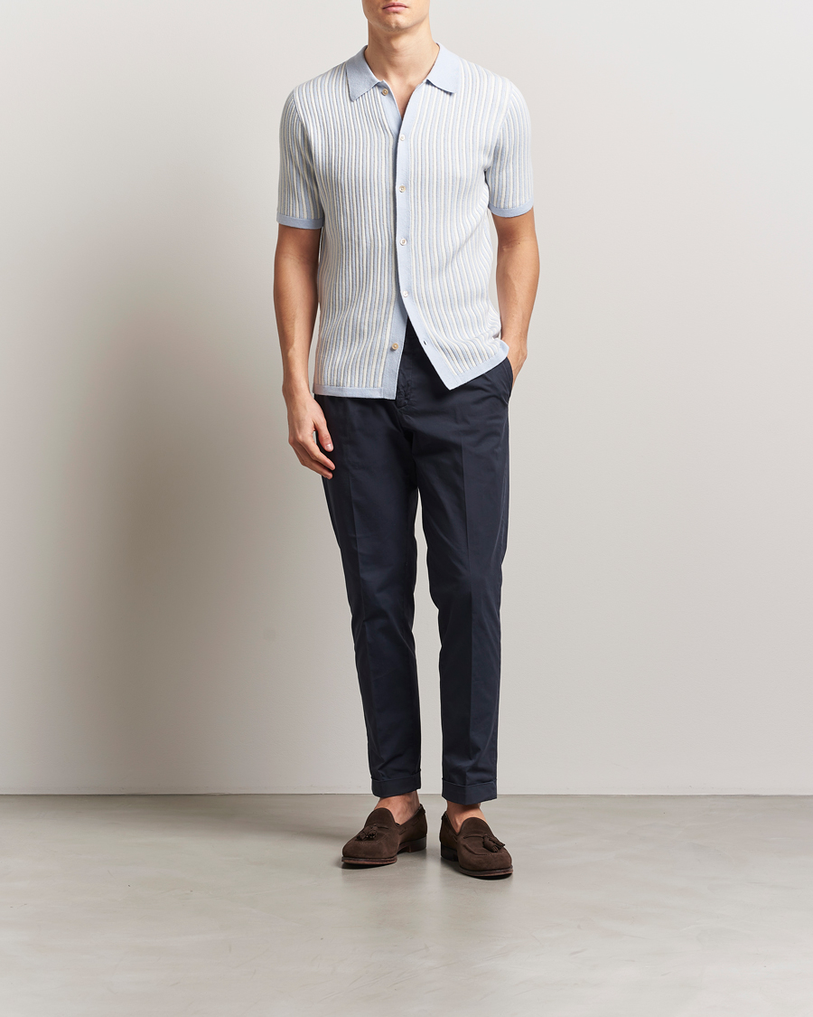 Herren | Hemden | Stenströms | Knitted Buttonthru Polo Shirt White/Blue