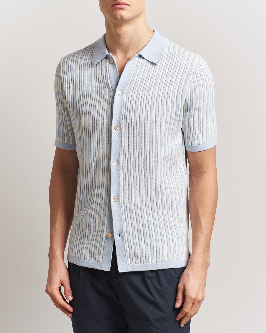 Herren | Hemden | Stenströms | Knitted Buttonthru Polo Shirt White/Blue