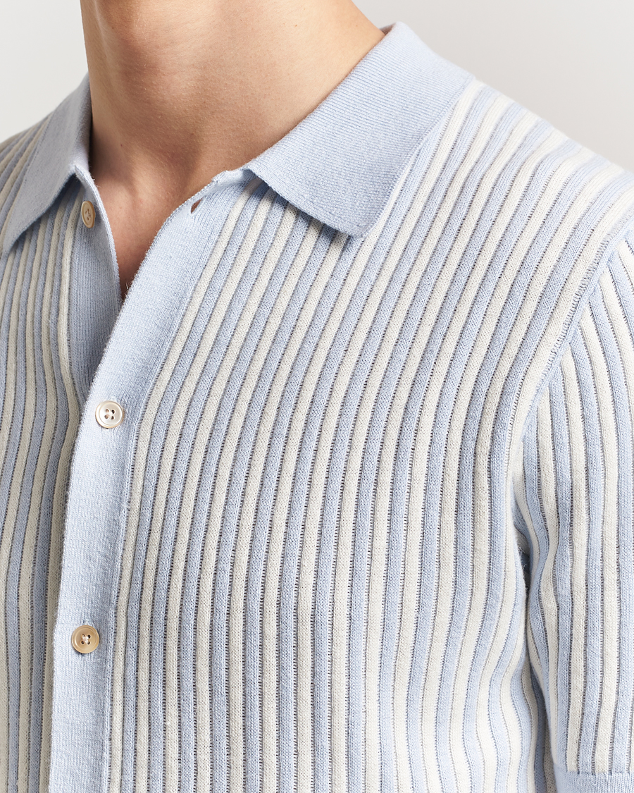 Herren | Hemden | Stenströms | Knitted Buttonthru Polo Shirt White/Blue