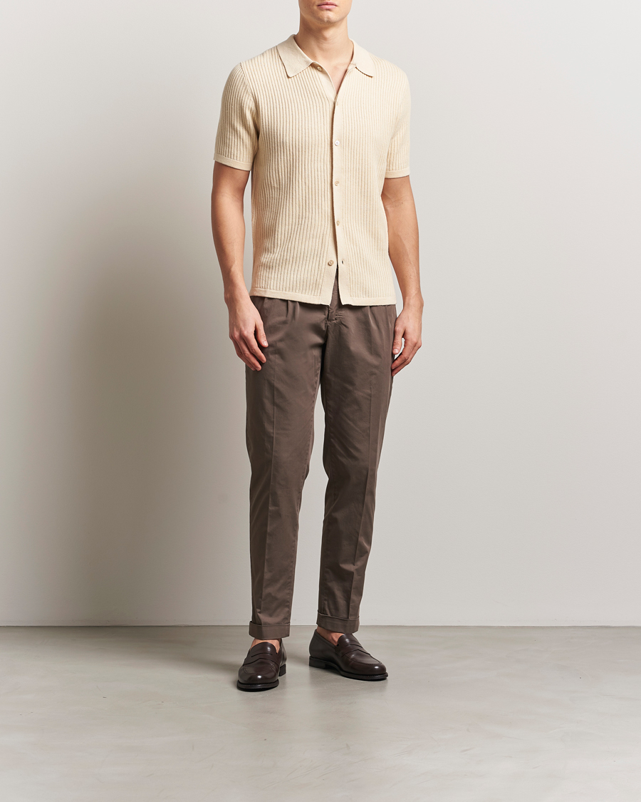Herren | Hemden | Stenströms | Knitted Buttonthru Polo Shirt Beige