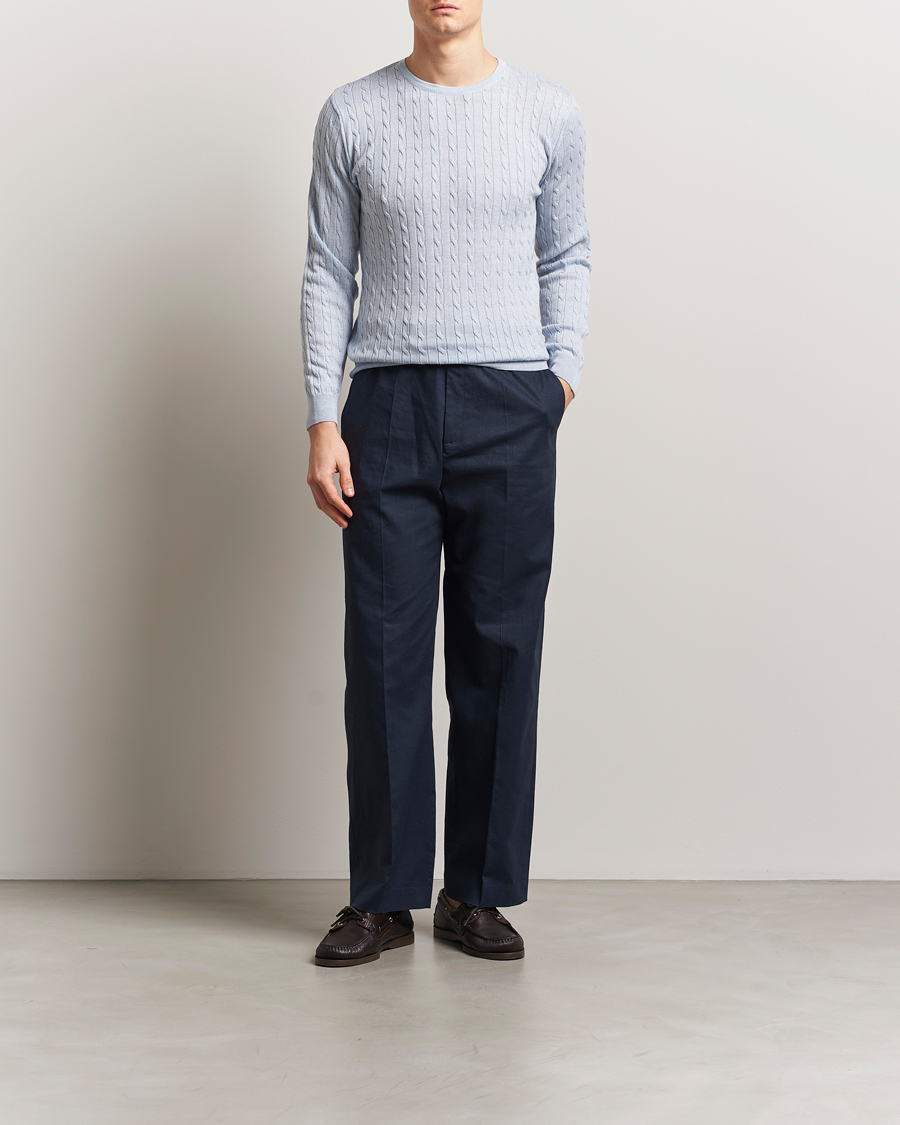 Herren | Pullover | Stenströms | Merino Cable Crew Neck Light Blue