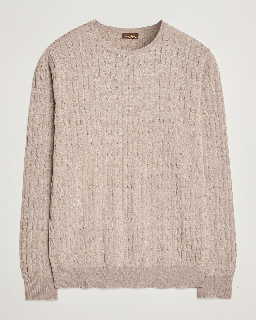 Herren | Pullover | Stenströms | Merino Cable Crew Neck Beige
