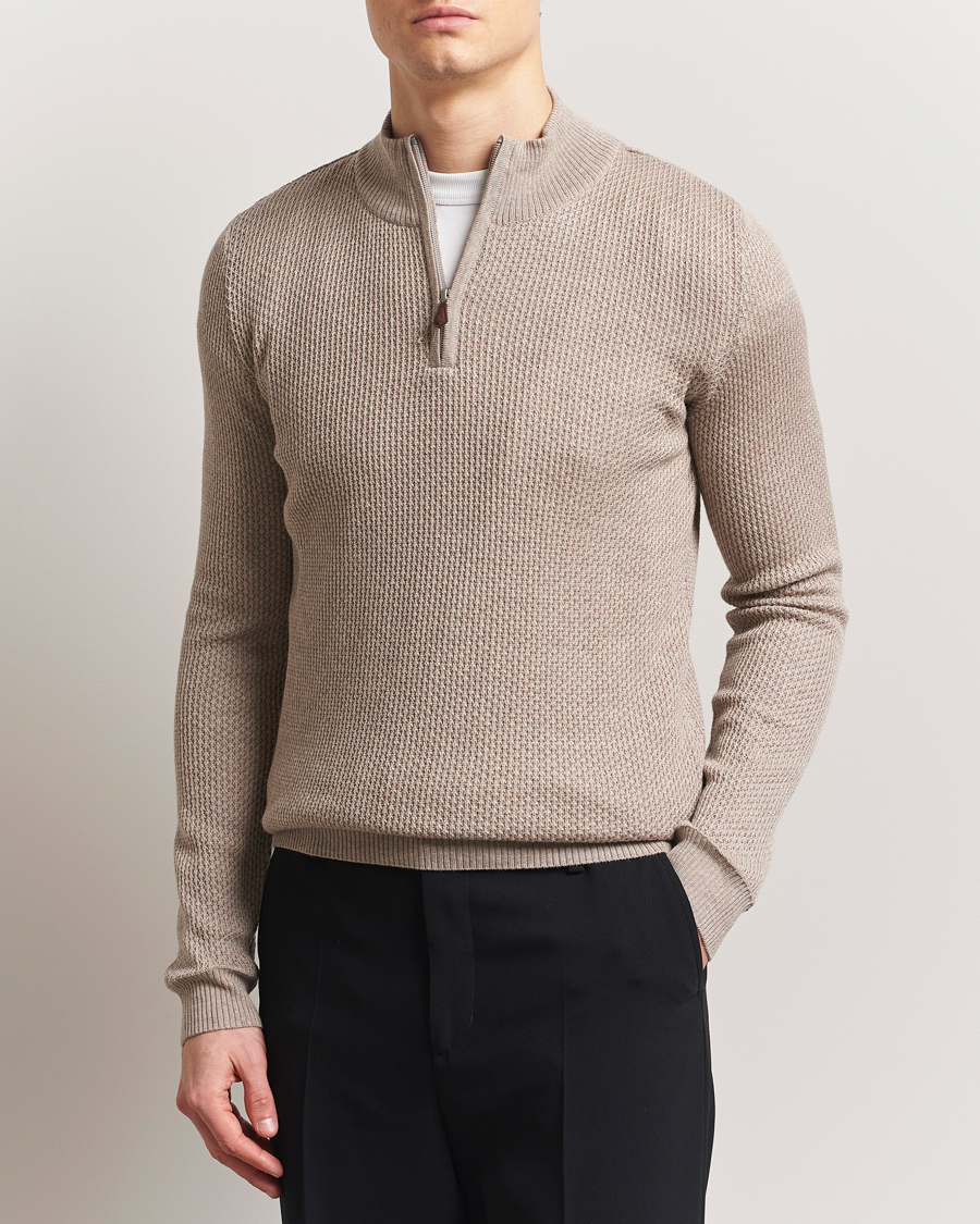 Herren | Pullover | Stenströms | Knitted Textured Half-Zip Beige