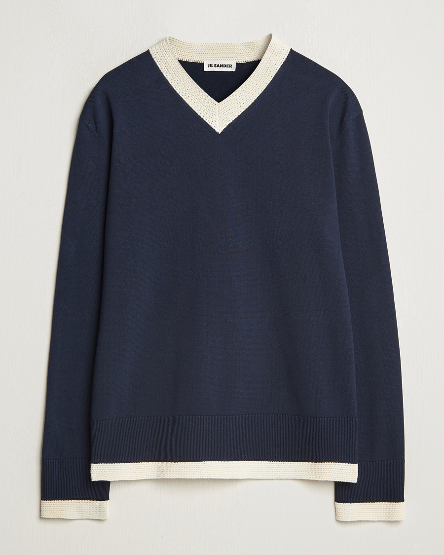 Herren | Pullover | Jil Sander | Contrast Trim V-Neck Sweater Navy