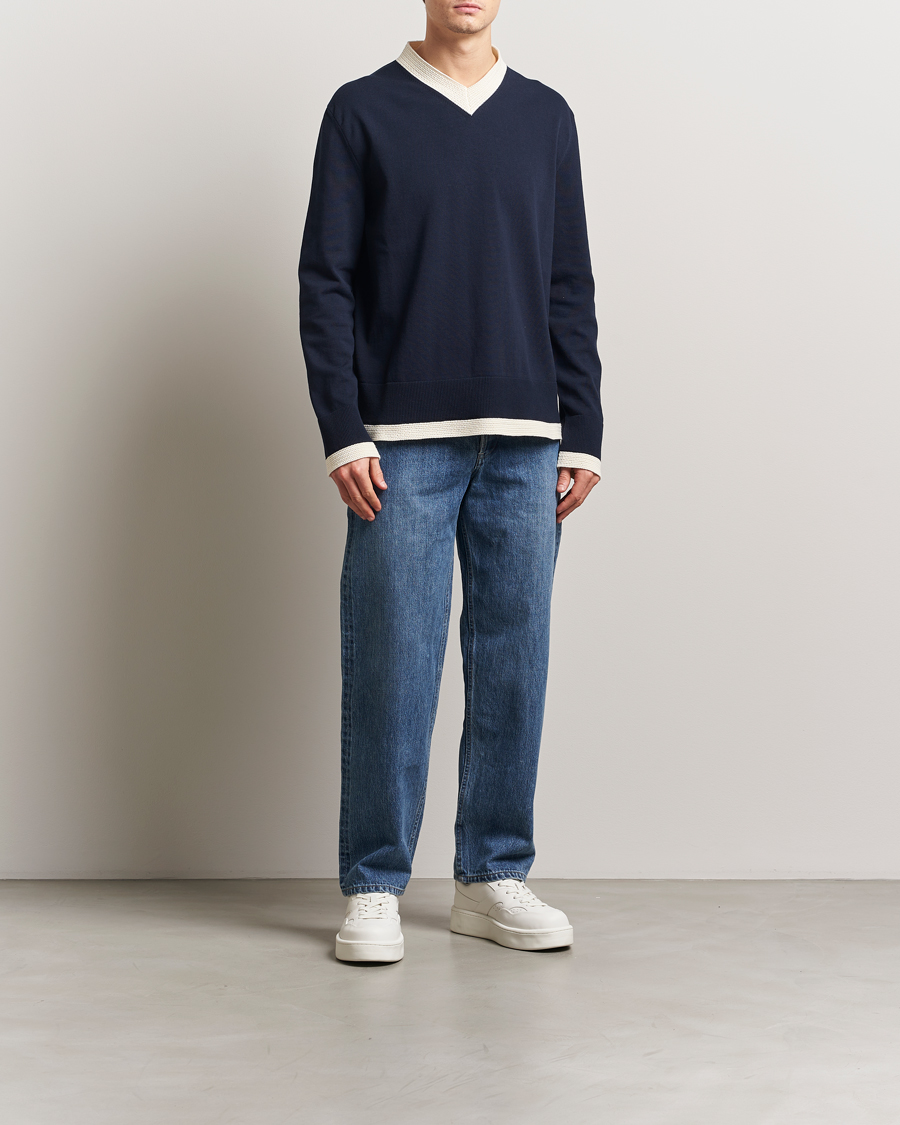 Herren | Pullover | Jil Sander | Contrast Trim V-Neck Sweater Navy