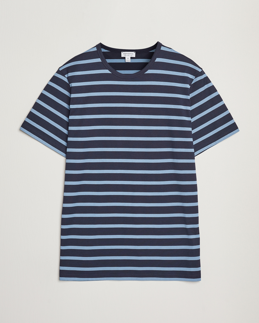 Herren | T-Shirts | Sunspel | Striped Crew Neck Q82 Cotton T-Shirt Navy/Como Blue
