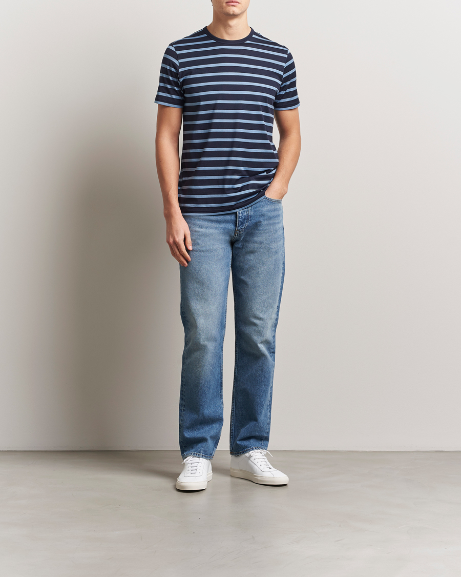 Herren | T-Shirts | Sunspel | Striped Crew Neck Q82 Cotton T-Shirt Navy/Como Blue