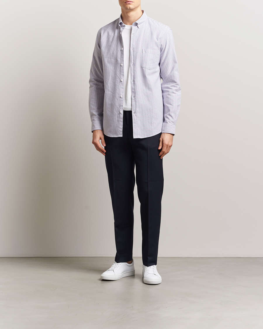 Herren | Hemden | Sunspel | Striped Oxford Button Down Shirt White/Navy