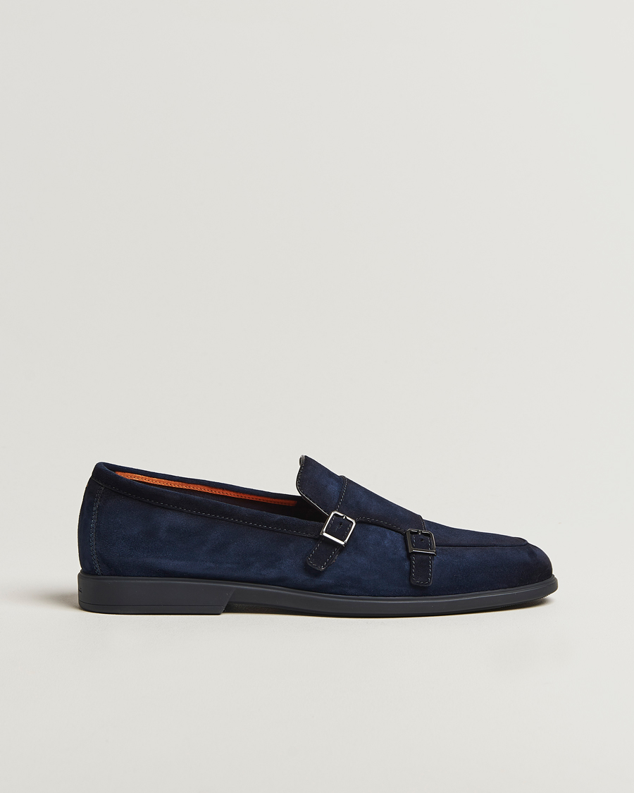 Herren | Santoni Malibu Double Buckle Loafers Navy Suede | Santoni | Malibu Double Buckle Loafers Navy Suede