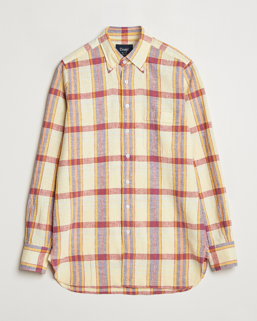 Herren | Hemden | Drake's | Madras Cotton/Linen Button Down Shirt Yellow/Red/Navy