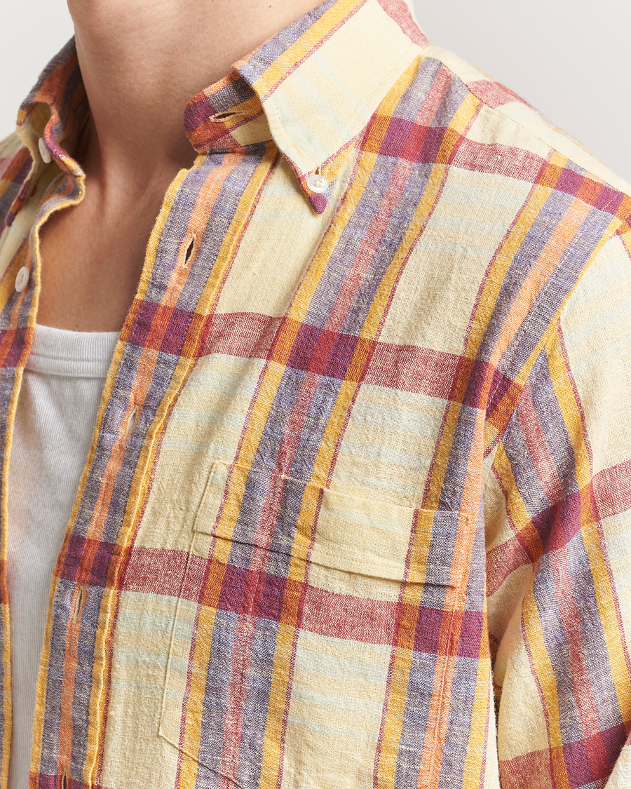 Herren | Hemden | Drake's | Madras Cotton/Linen Button Down Shirt Yellow/Red/Navy