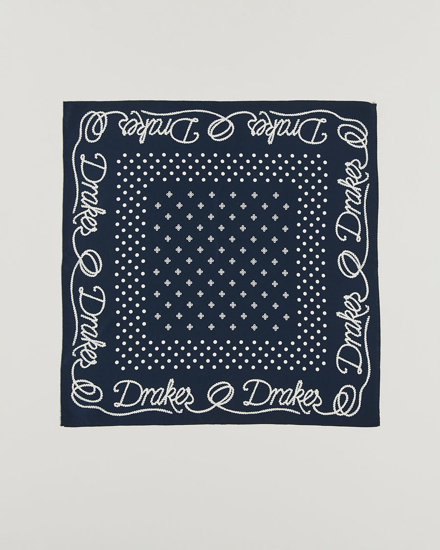 Herren | Drake's Robe Border Silk Bandana Navy | Drake's | Robe Border Silk Bandana Navy