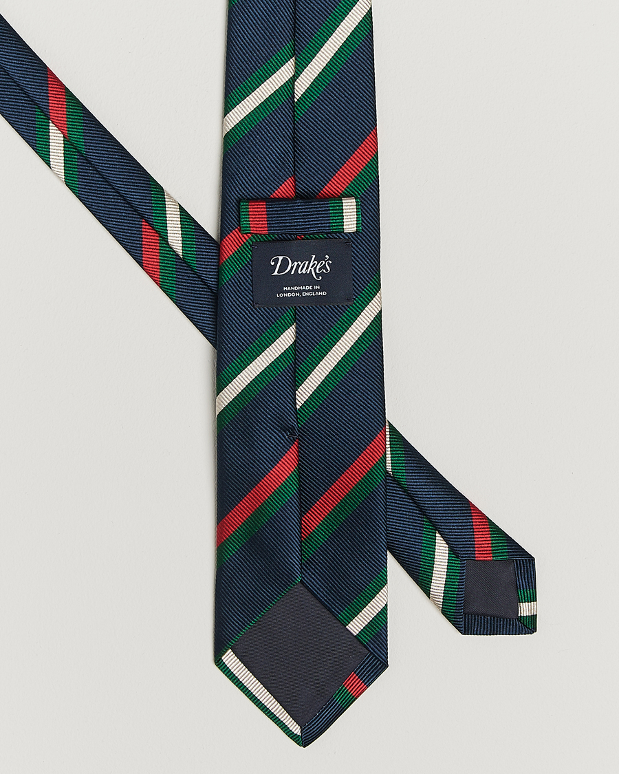 Herren | Drake's Classic Reppe Stripe Silk Tie Navy/Red/Green/White | Drake's | Classic Reppe Stripe Silk Tie Navy/Red/Green/White
